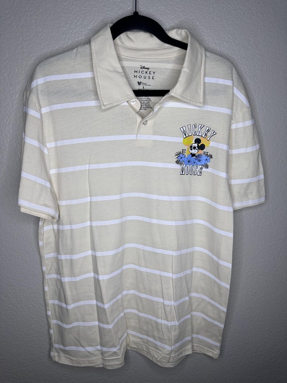 NEW Disney Mickey Mouse Polo Shirt Mens Large Beige Striped Short Sleeve Casual